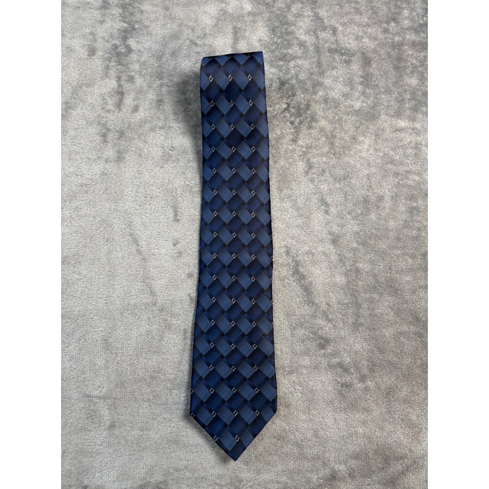 George Mens Silk Necktie Navy Blue Black Geometric Diamond Pattern Formal Tie